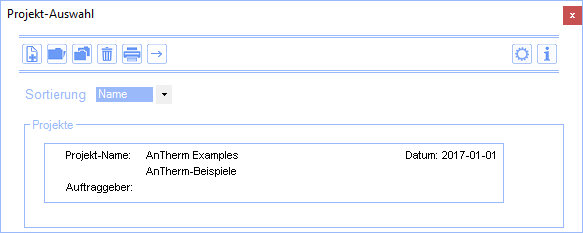 Projektauswahl-Fenster