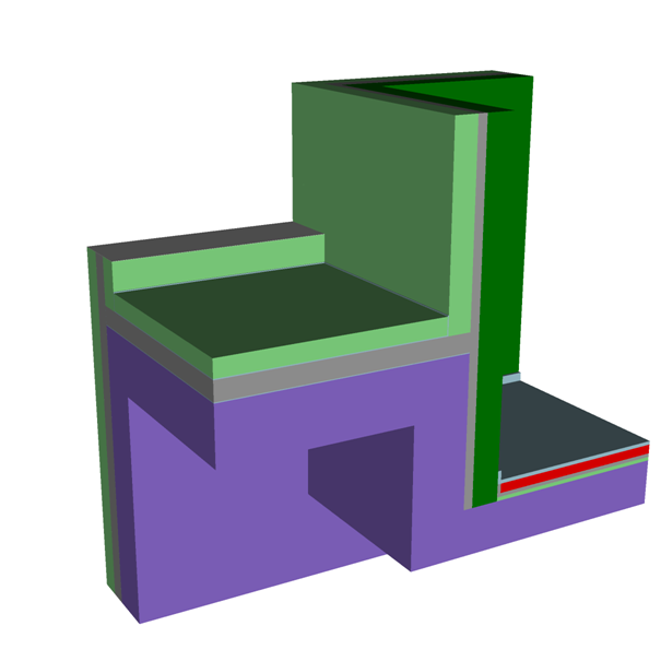Dreidimensionale Darstellung des modellierten Ausschnitts - Problematik des Wrme- und Dampftransports in Dach und Wnden eines Hallenbads das einerseits an eine Wohnung und andererseits an die Auenluft grenzt.